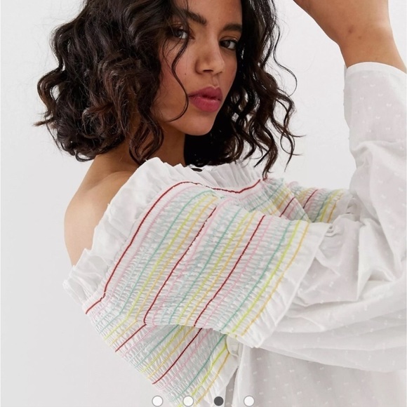 FARM Rio Dresses & Skirts - FARM Rio Smocked Off-Shoulder White Dress with Pastel Stripes